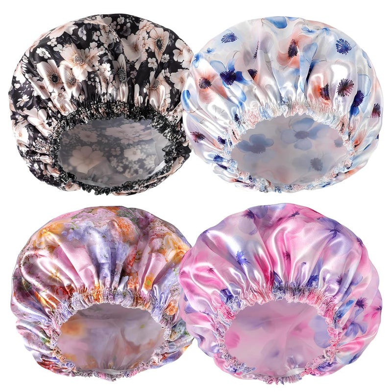 CHFONG 4 PCS Shower Caps for Women, Printing Bath Caps, Double Layers Shower Cap Reusable Waterproof, Bathing Shower Caps, Environmental Protection Hair Bath Hat - Flower C - Image 1